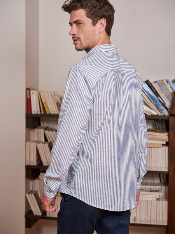 Chemise Rayée Homme - Green[A8355] - Coton et Lin - Manches Courtes