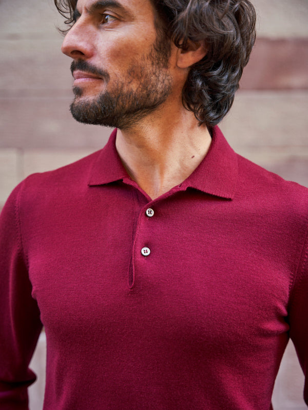 PULL COL POLO LAINE MÉRINOS BORDEAUX