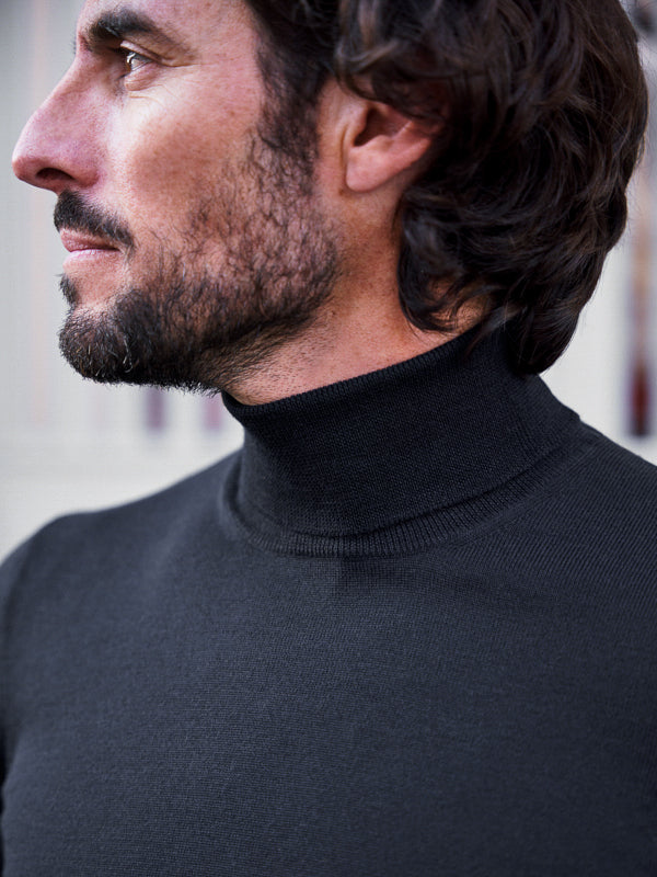 PULL COL ROULÉ LAINE MÉRINOS NOIR