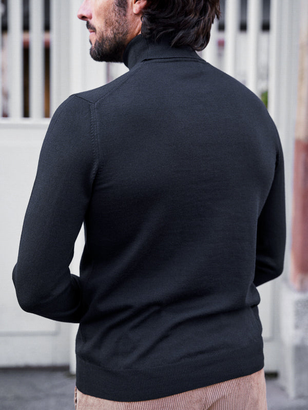 PULL COL ROULÉ LAINE MÉRINOS NOIR