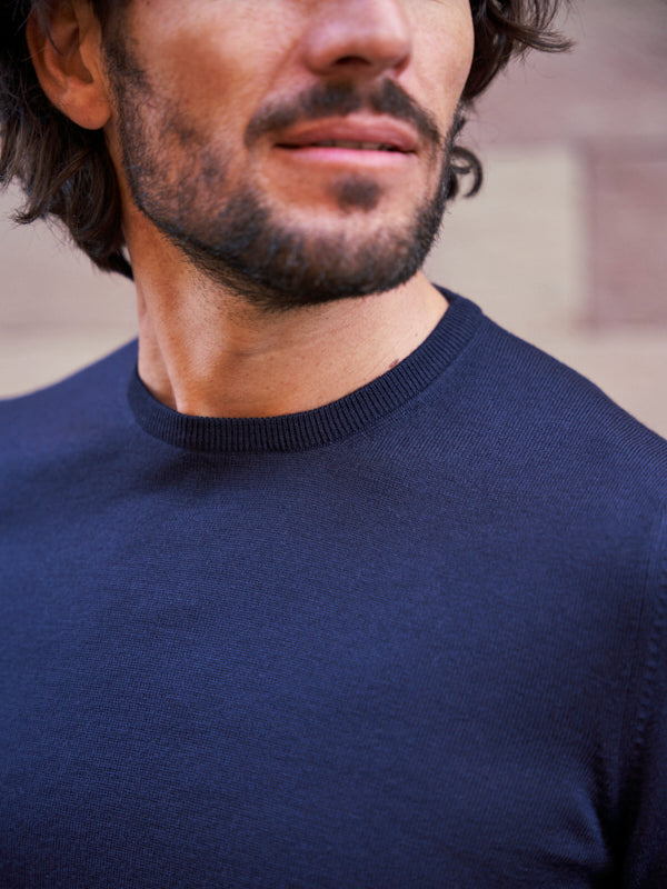 PULL COL ROND LAINE MÉRINOS MARINE