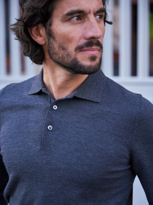 PULL COL POLO LAINE MÉRINOS GRIS