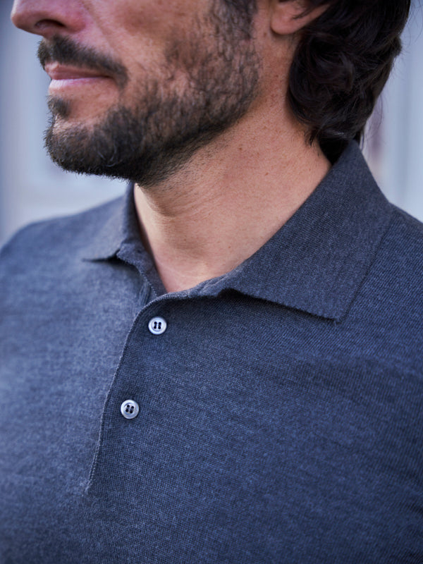 PULL COL POLO LAINE MÉRINOS GRIS
