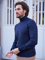PULL COL ROULÉ LAINE MÉRINOS MARINE