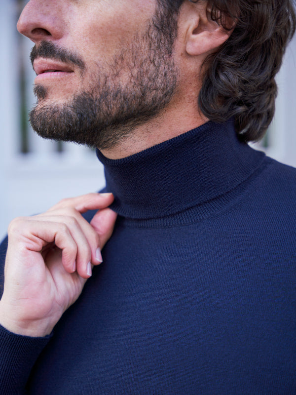 PULL COL ROULÉ LAINE MÉRINOS MARINE