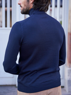 PULL COL ROULÉ LAINE MÉRINOS MARINE