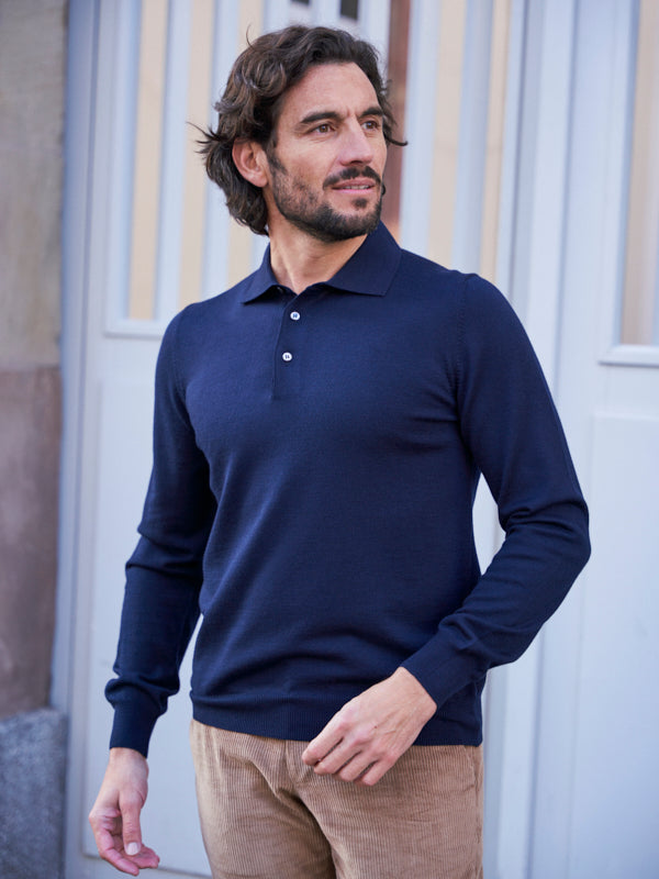 PULL COL POLO LAINE MÉRINOS MARINE