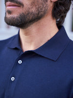 PULL COL POLO LAINE MÉRINOS MARINE