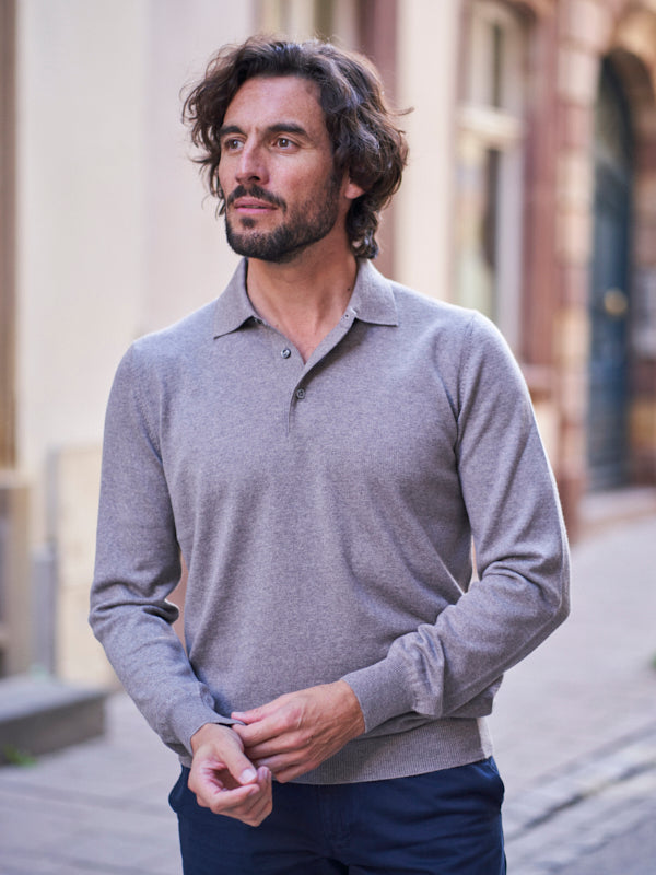 PULL COL POLO LAINE MÉRINOS BEIGE