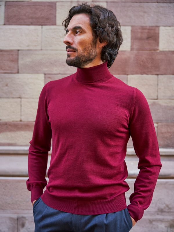 PULL COL ROULÉ LAINE MÉRINOS BORDEAUX