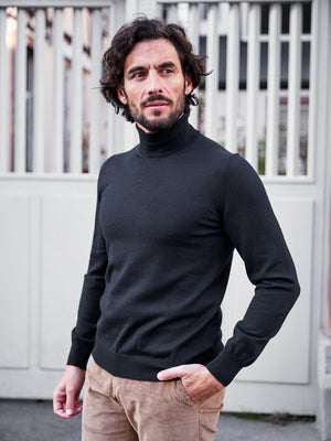 PULL COL ROULÉ LAINE MÉRINOS NOIR