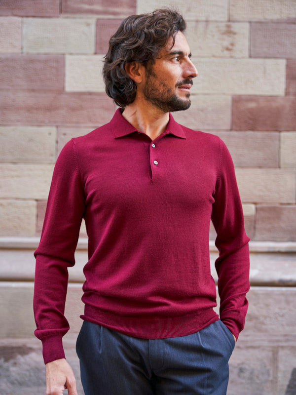 PULL COL POLO LAINE MÉRINOS BORDEAUX
